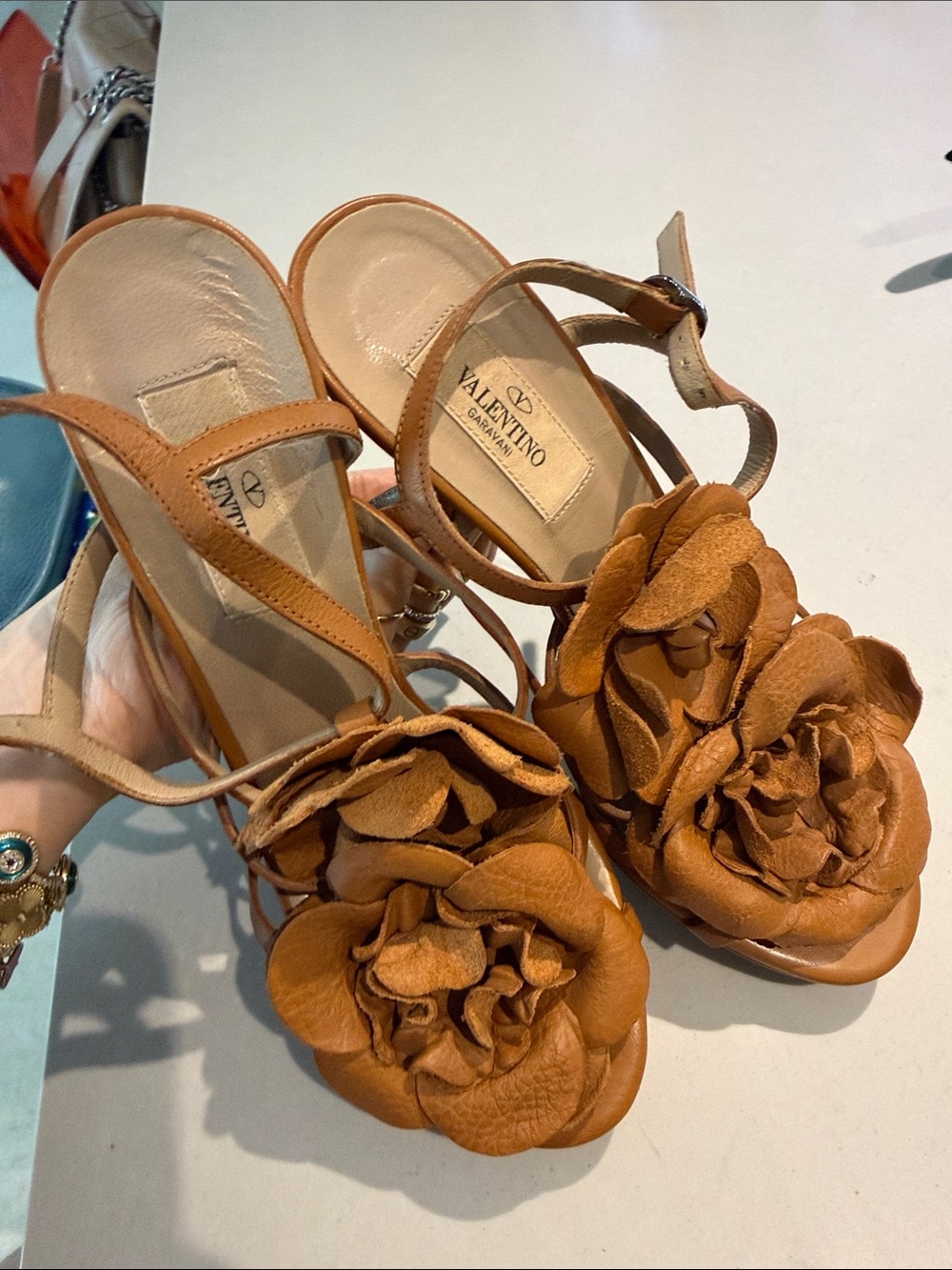 Valentino Garavani Tan Leather Floral Heeled Sandals - Picture 6 of 6